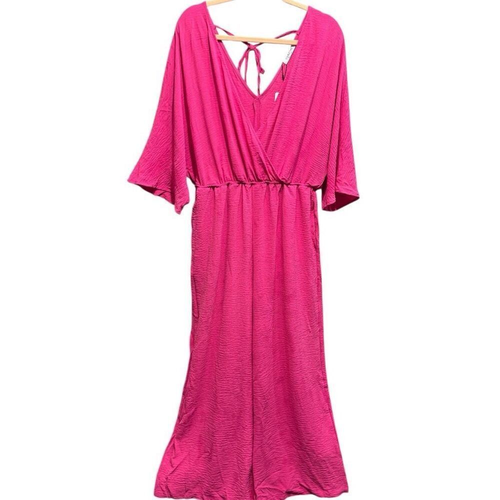 Hot Pink Surplice Wide Leg Dolman Sleeve Jumpsuit with Pockets NWT - Picture 9 of 14